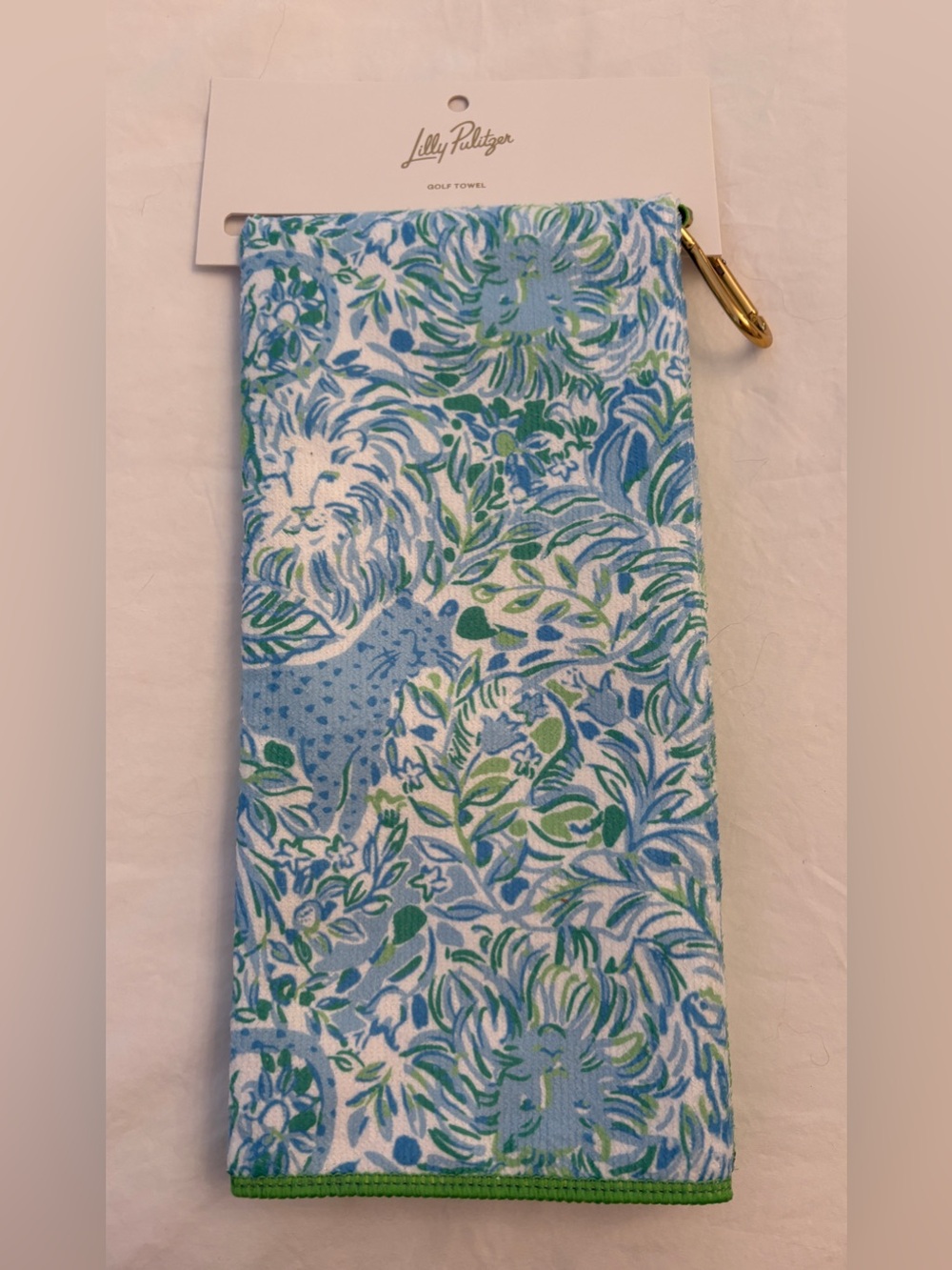 Lilly Pulitzer Blue and Green Floral Dandy Lion Golf Towel with Gold Clip NEW